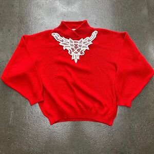 Vintage 90s Red White Lace Turtleneck Women's XL Knit Sweater